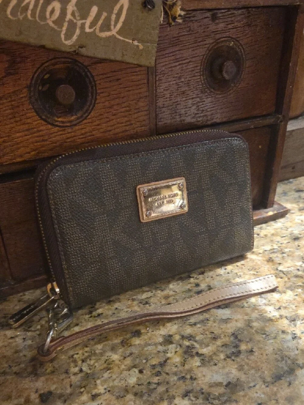 Michael Kors Dark Brown Logo Zip-Around Wristlet Wallet with Gold Plate